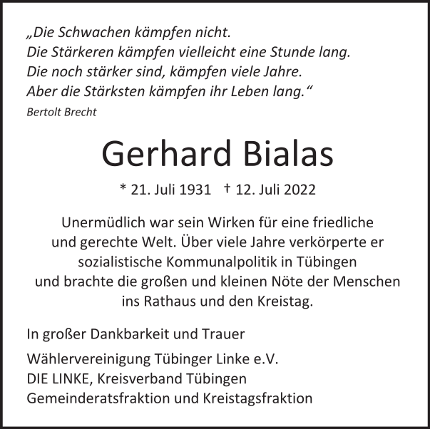 Traueranzeige Gerhard Bialas